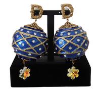 Dolce & Gabbana Gold Brass Blue Dangle Ball Crystal Clip On Earrings
