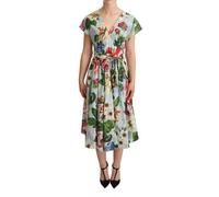 Dolce & Gabbana Green Floral Short Sleeves Cotton V-neck Dress - IT38 | XS