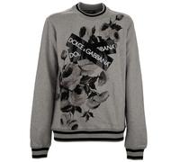 DOLCE & GABBANA Pullover Grigio Con Patch Logo DG E Stampa Di Rose In Cotone