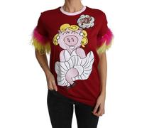Dolce & Gabbana Red Pig Print Feather Sleeves T-shirt Top - IT40|S