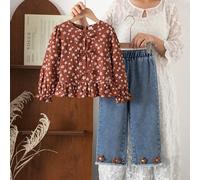 Dolce stile country autunnale per ragazze, set da 2 pezzi con top a maniche lunghe in jacquard giallo con fiocco e pantaloni in denim con decorazione floreale 3D, adatto per shopping quotidiano e usci
