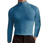 Dolcevita finto da uomo a maniche lunghe elasticizzato slim fit t-shirt camicetta base collo alto maglietta leggera termica top, Azzurro, M