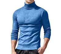Dolcevita finto da uomo a maniche lunghe, in cotone, vestibilità regolare, maglietta a collo alto, slim e leggera, Azzurro, L