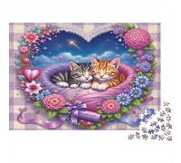 Dolci Gattini Addormentati Puzzle 1000 Pezzi Carta per Adulti Cornice Floreale a Cuore Gioco di Puzzle 1000 Pezzi Relax Decorazione Regalo 52x38cm/1000pcs