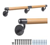Dolibest Corrimano in legno per scale, 150 cm, ringhiera per balaustra | Φ 3,8 cm rotondo di faggio, scala, staffa nera, set completo, 226,8 kg, bambini più giovani anziani disabili