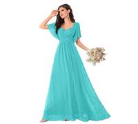 Dolinecy - Abito da damigella d'onore con scollo a cuore per donne, lungo, in chiffon, pieghe in vita, a linea, formale, abito da sera con maniche a farfalla, acqua, 48