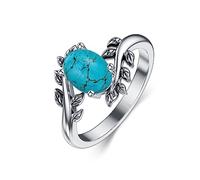 DOLIOX Anello da donna in vero turchese con pietra preziosa ovale occidentale gioielli in argento Sterling 925 foglia bohémien boho per sua moglie mamma taglia 8, turchese, Turchese