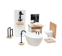Doll House Bathroom Stuff - 1:12 Scale Mini Shower Room Scene Model | Doll House Bathroom Set | 8-Piece Realistic Miniature Furniture, for Kids Pretend Play, Wood + Pp, Shower Toilet Bathtub Sink