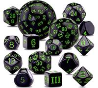 DollaTek Set completo di dadi poliedrici D3-D100, 15 pezzi, per giochi di ruolo, da tavolo, nero e verde