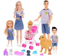 dollbie Set da gioco per bambole con passeggino per 6 persone, animali domestici e accessori per 3 - 12 anni | regalo per bambini con mamma incinta, papà, 3 bambini, cani e gioco interattivo