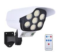 Dolltobe Lampada da parete a LED a energia solare, 77 LED telecomandata, proiettore telecamera di sorveglianza falsa, luce di sicurezza per esterni, impermeabile, illuminazione 8-10 ore, angolo