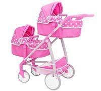Dolly Tots Evalite Passeggino Gemellare Bambole a Pois Rosa| Passeggino e Carrozzina Doppia con Manico Regolabile e Diverse Opzioni di Seduta|Passeggino Bambole Adatto ai 3 Anni in Su, taglia unica