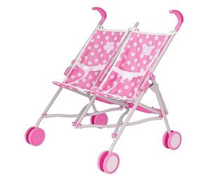 Dolly Tots Twin Stroller | Passeggino per Bambole Gemellare Rosa| Passeggino Gemellare Bambole | Passeggino Giocattolo Pieghevole | Passeggino Bambole per Giochi di Ruolo| Dai 3 anni in Su