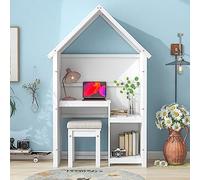 Dolonm Set di scrivania e sedia per bambini, scrivania per computer in legno con sgabello cuscino staccabile, scrivania a forma di casa con ripiano portaoggetti per camera da letto, scrivania per