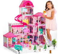 Doloowee Casa delle Bambole,Casa dei Giocattoli da Sogno delle Ragazze Mobili Rosa, 4 Storie 10 Stanze Casa delle Bambole con 2 Principesse Accessori, Girl Toys 4 5 6 7 8+ anni