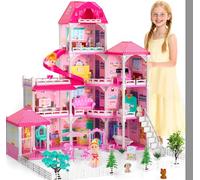 Doloowee Casa delle Bambole Grande con Scivolo per Bambine 3 4 5 Anni | Casa delle bambole a 4 piani e 10 stanze, di mobili e una ricca serie di accessori, regalo per bambine di 3, 4, 5 e 6 anni