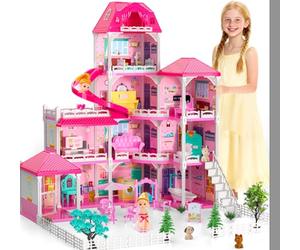 Doloowee Casa delle Bambole Grande con Scivolo per Bambine 3 4 5 Anni | Casa delle bambole a 4 piani e 10 stanze, di mobili e una ricca serie di accessori, regalo per bambine di 3, 4, 5 e 6 anni