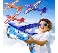 Doloowee Giocattolo aereo, 3 volantini in polistirolo con catapulta pistola giocattolo, 2 modalità volo, giocattolo all'aperto per bambini dai 4 anni, regalo per ragazzi ragazze 4 5 6 7 8 9 10 anni