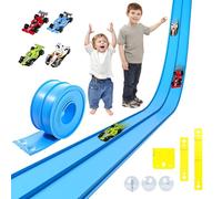 Doloowee Treno di velocità da 3,9 m, pista flessibile con ventose, autostrada fai da te con 4 auto, giocattolo per bambini dai 3 anni in su