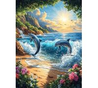Dolphins Jumping in The Ocean Waves Puzzle 300 Pezzi Difficoltà Estrema Cartone Spesso Tema Monocromatico Wildlife Pet Per Appassionati Di Puzzle Antistrappo Non Sbiadisce Top Vendita 300 PCS