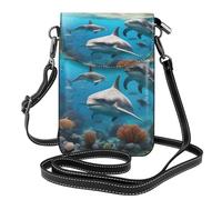 Dolphins Sea Turtle Shark Octopus Coral Print Small Cell Phone Leather Purse Adjustable Shoulder Rope Crossbody Bags For Women