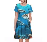 Dolphins Sea Turtle Shark Octopus Coral Reef Print Abiti da donna eleganti da indossare tutti i giorni Casual Manica corta Abito estivo girocollo, Nero , L