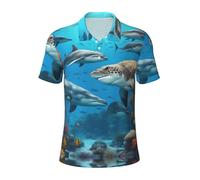 Dolphins Sea Turtle Shark Octopus Coral Reef Print Versatile Polo Traspirante Confortevole Manica Corta Casual Estate Abbigliamento, Nero , L