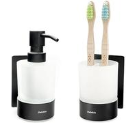 Dolvhin® Set Dispenser Sapone e Bicchiere Bagno | Dosatore Liquido & Portaspazzolino Vetro Satinato | Supporto Inox Senza Forare | Dispenser Adesivo da Parete | Set Accessori Bagno | Nero Opaco