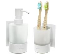 Dolvhin® Set Dispenser Sapone e Bicchiere Bagno | Dosatore Liquido & Portaspazzolino Vetro Satinato | Supporto Inox Senza Forare | Dispenser Adesivo da Parete | Set Accessori Bagno | Bianco Opaco