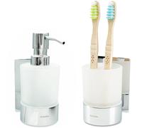 Dolvhin® Set Dispenser Sapone e Bicchiere Bagno | Dosatore Liquido & Portaspazzolino Vetro Satinato | Supporto Inox Senza Forare | Dispenser Adesivo da Parete | Set Accessori Bagno | Cromo Lucido
