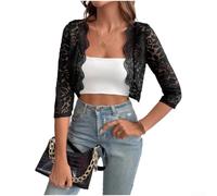 Dolvitrny Cardigan corto in pizzo con maniche a 3/4 nero per Slim Fit Short | Materiale in nylon leggero, morbido al tatto, per una perfetta stratificazione, adatto per primavera e autunno