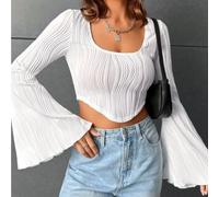 Dolvitrny Top da donna a maniche lunghe con scollo a U sottile ondulazione | Design con scollo a U, maniche lunghe, tessuto sottile, trama ondulata, per una silhouette slim fit