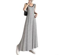 Dolvitrny Vestito da donna senza maniche a righe con scollo rotondo, a vita alta, linea ad A, lunghezza alla caviglia, abito lungo aderente, per feste casual e festività, nero e bianco (XL bianco)