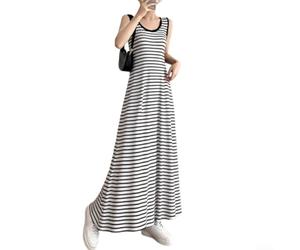 Dolvitrny Vestito da donna senza maniche a righe con scollo rotondo, a vita alta, linea ad A, lunghezza alla caviglia, abito lungo aderente, per feste casual e festività, nero e bianco (XL bianco)