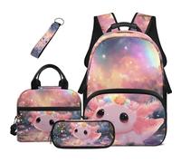 Dolyues Axolotl, set di 4 zaini, borsa per il pranzo per ragazze, astuccio per bambini, borsa per libri Kawaii di terza elementare, zaini per la scuola elementare, Axolotl Rosa, Zaino daypack