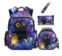 Dolyues Axolotl - Zaino per ragazze con grazioso astuccio per la scuola elementare, con portapranzo, per bambini dagli 8 ai 10 anni, con cerniera, Gatto nero , Zaino daypack