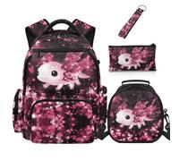 Dolyues Axolotl - Zaino per ragazze con grazioso astuccio per la scuola elementare, con portapranzo, per bambini dagli 8 ai 10 anni, con cerniera, Axolotl Fiore Rosa, Zaino daypack