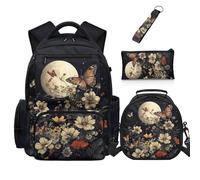 Dolyues Axolotl - Zaino per ragazze con grazioso astuccio per la scuola elementare, con portapranzo, per bambini dagli 8 ai 10 anni, con cerniera, Farfalla Fiori Luna, Zaino daypack