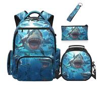 Dolyues Borsa per libri per la scuola con portapranzo di 5° grado zaino per ragazzi elementari 4 in 1 borse per libri cool età 8-10, Squalo, Zaino daypack