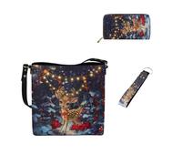 Dolyues Borse a secchiello per le donne portafoglio lungo portachiavi cinturino da polso in pelle moda 3 pezzi borsa da donna set per Tarvel lavoro, Cervo natalizio