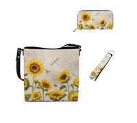 Dolyues Borse a secchiello per le donne portafoglio lungo portachiavi cinturino da polso in pelle moda 3 pezzi borsa da donna set per Tarvel lavoro, Girasoli