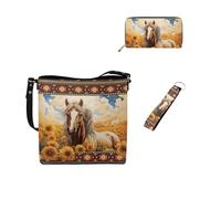 Dolyues Borse a secchiello per le donne portafoglio lungo portachiavi cinturino da polso in pelle moda 3 pezzi borsa da donna set per Tarvel lavoro, Cavallo di girasole