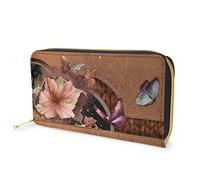 Dolyues Portafoglio lungo da donna in pelle PU con slot multiplo, porta carte di credito con cerniera portamonete e contanti, regalo da donna, Motivo farfalla ibisco, Classico