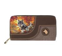 Dolyues Portafoglio lungo in pelle PU impermeabile per le donne con cerniera carta di credito contanti borsa da donna con tasca portamonete, Lupo, Classico