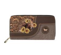 Dolyues Portafoglio lungo in pelle PU impermeabile per le donne con cerniera carta di credito contanti borsa da donna con tasca portamonete, Cavallo di girasole, Classico