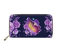 Dolyues Portafoglio lungo in pelle PU impermeabile per le donne con cerniera carta di credito contanti borsa da donna con tasca portamonete, Motivo rosa viola e farfalla, Classico