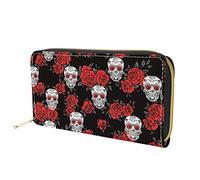 Dolyues Portafoglio lungo in pelle PU impermeabile per le donne con cerniera carta di credito contanti borsa da donna con tasca portamonete, Teschio con rose rosse, Classico