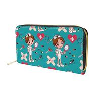 Dolyues Portafoglio lungo in pelle PU impermeabile per le donne con cerniera carta di credito contanti borsa da donna con tasca portamonete, Stampa infermiera verde, Classico