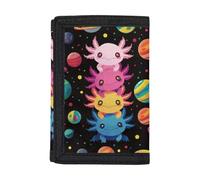 Dolyues Portamonete a tre ante per bambini, personalizzabile con nome, per viaggi e ritorno a scuola, Pianeta Axolotl