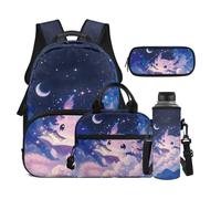 Dolyues Set 4 in 1 zaino e portapranzo per ragazze con custodia per bottiglia d'acqua di terza elementare, per bambini dagli 8 ai 10 anni, Libro Axolotl, Zaino daypack